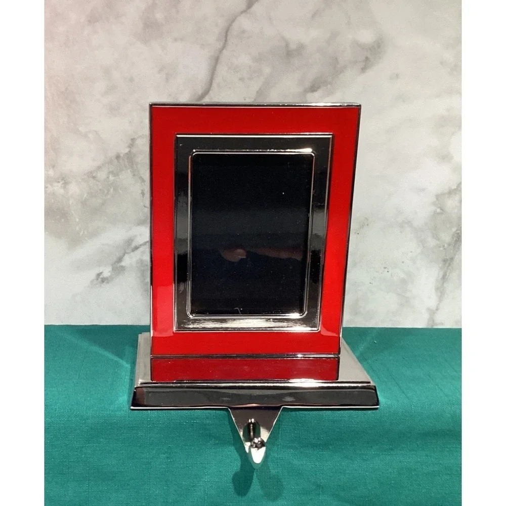 Pottery Barn Red Grosgrain Picture Photo Frame Stocking Holders Silver Nickel